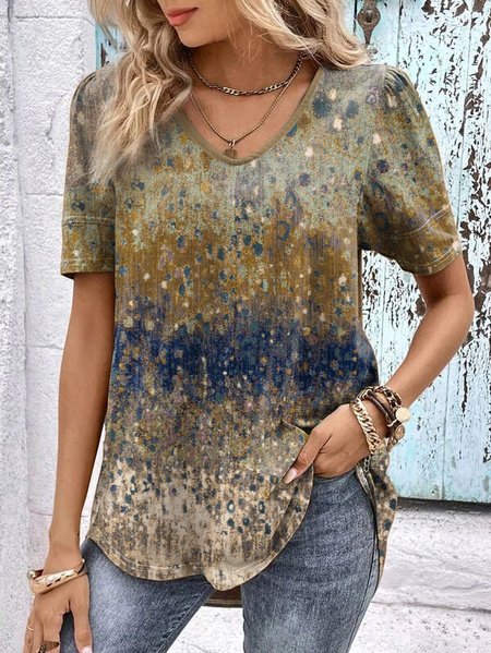 

Loose V Neck Ombre Casual T-Shirt, Brown, T-Shirts