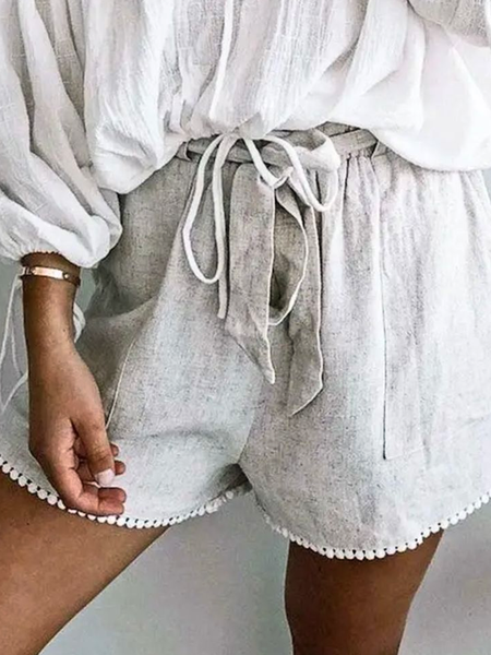 

Lace Cotton And Linen Loose Linen Shorts, Gray, Shorts