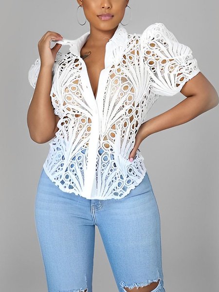 

Plain Urban Shirt Collar Regular Fit Blouse, White, Blouses and Shirts