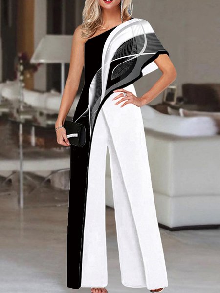

woman hit color Cotton Geometric Urban Regular Fit Jumpsuit, Black-white, Jumpsuits＆Rompers