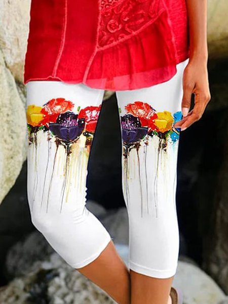 

Regular Fit Casual Floral Leggings, White, Leggings