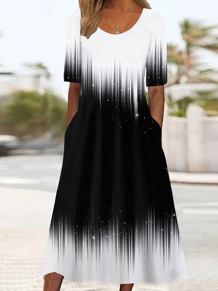 

Women's Short Sleeve Scoop Neck Colorblock Midi Dress, Black, Dresses