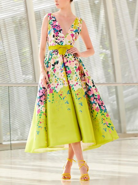 

Floral Regular Fit V Neck Elegant Sleeveless Maxi Dress, As picture, Maxi Dresses