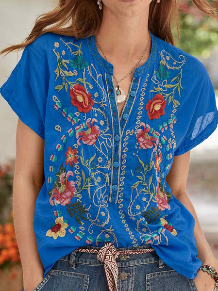 

Embroidery Loose V Neck Casual Shirt, Blue, Shirts & Blouses