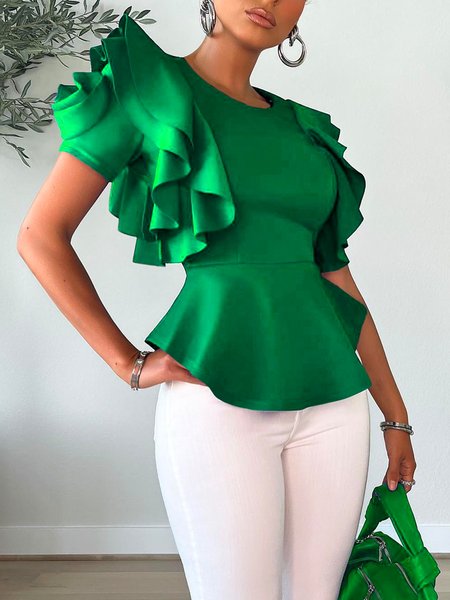 

Regular Fit Crew Neck Elegant Plain Shirt, Green, Blouses and Shirts