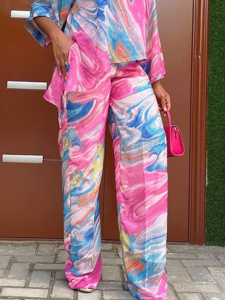 

Casual Loose Random Print Long Pants, Pink, Pants