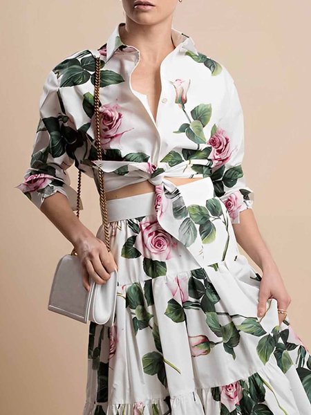 

Floral Shirt Collar Loose Vacation Blouse, White, Blouses and Shirts