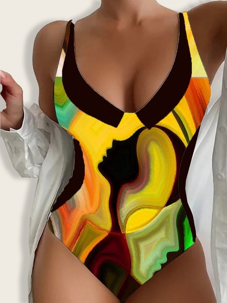 Vacation Abstract Printing V Neck One Piece Swimsuit