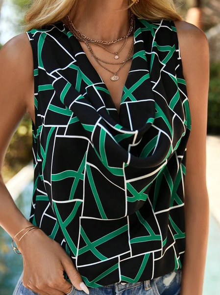 

V Neck Abstract Loose Casual Tank Top, Black, Tanks & Camis