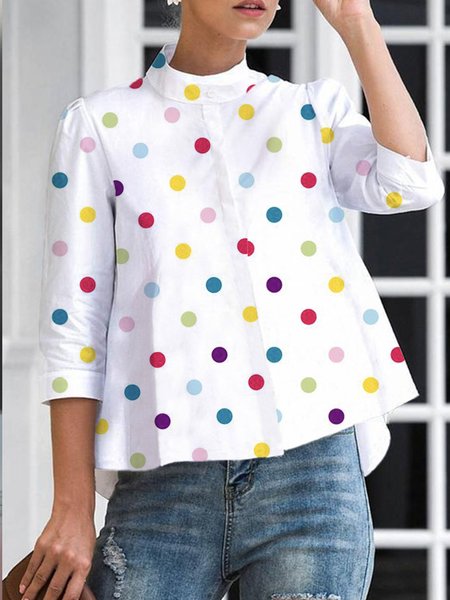 

Plus Size Polka Dots Stand Collar Regular Fit Elegant Blouse, White, Plus Tops