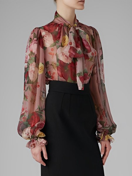 

Elegant Long Sleeve Floral Loose Blouse, As picture, Blouses and Shirts
