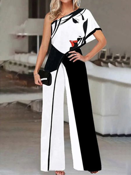 

Elegant One Shoulder Jumpsuit, Black-white, Jumpsuits＆Rompers
