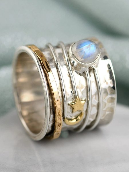 

Casual Star And Moon Pattern Contrasting Metal Ring Ethnic Vintage Jewelry, Silver, Rings