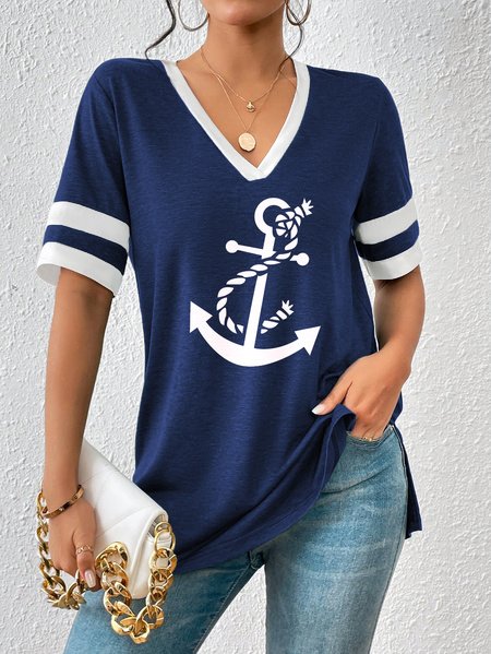 

V Neck Anchor Casual Regular Fit T-Shirt, Dark blue, T-Shirts