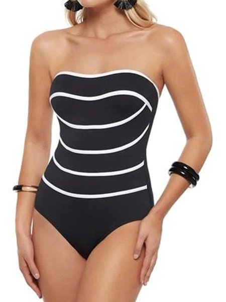 

Casual Strapless Color Block One-Piece, Black, One-Pieces