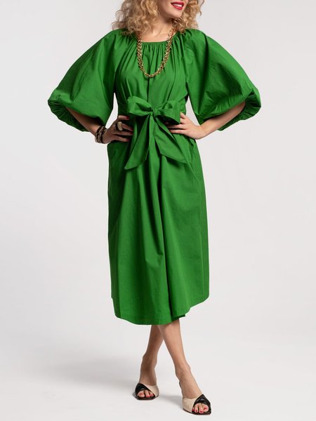 

Plain Crew Neck Half Sleeve Elegant Dress, Green, Midi Dresses