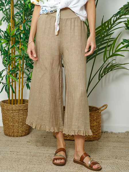 

Loose Linen Plain Cotton Linen Ruffle Palazzo Pants, Khaki, Pants