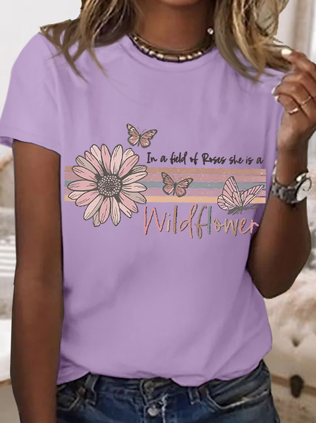 

Women's In a Field Of Roses she is a Wildflower Casual Cotton T-Shirt, Purple, T-shirts