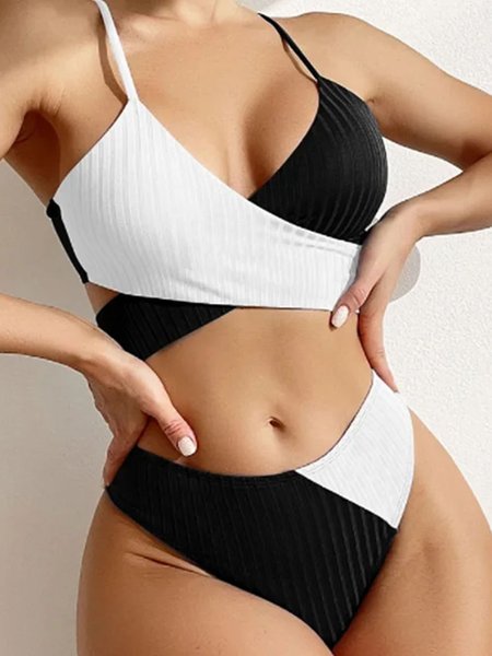 

Casual Split Joint Color Block V Neck Bikini, Black-white, Bikini Sets