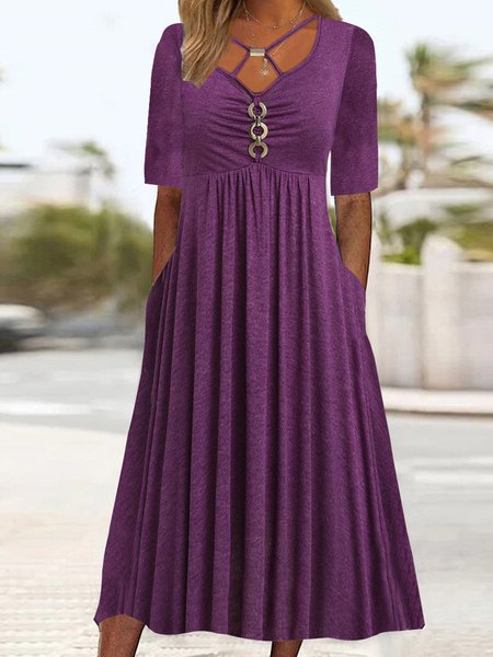 Women's Short Sleeve V-neck Midi Dress, Purple, Dresses