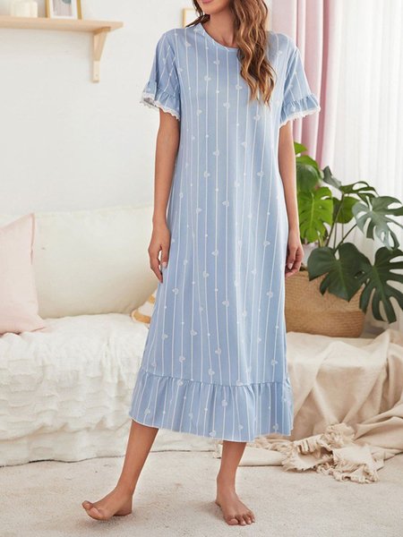 

Lace StripedPrinted Knitted Loose Nightdress, Light blue, Loungewear & Sleepwear
