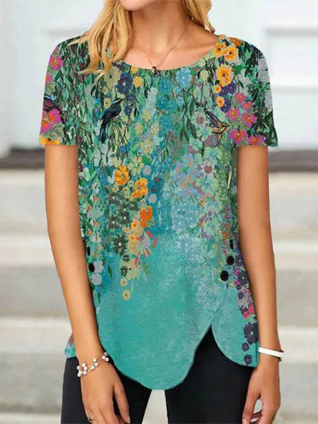 

Casual Buttoned Crew Neck T-Shirt, Blue, T-Shirts