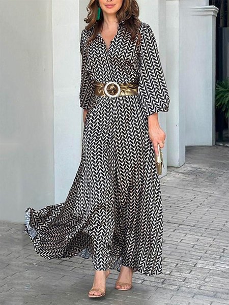 

Plus Size Stand Collar Vacation Palm Leaf Maxi Dress, Black-white, Plus Dresses