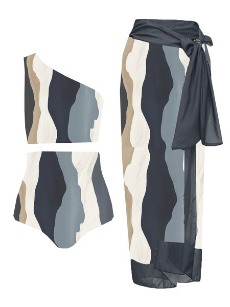 

Vacation Abstract Printing One Shoulder Bikini With Cover Up, Multicolor, Coverups