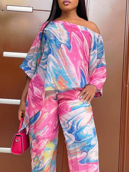 

One Shoulder Random Print Casual Shirt, Pink, Blouses and Shirts