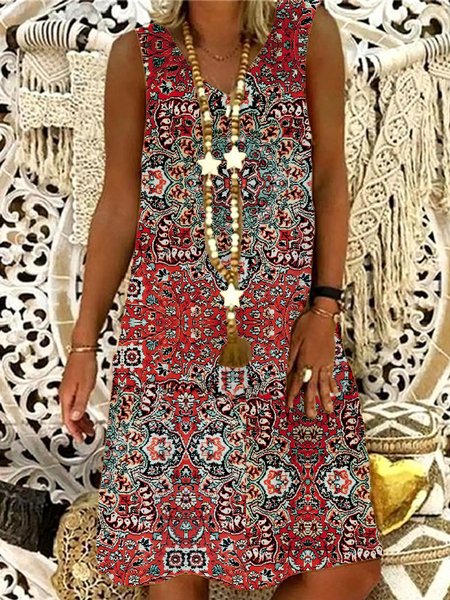 

woman vacation Boho Crew Neck Dress, Red, Dresses