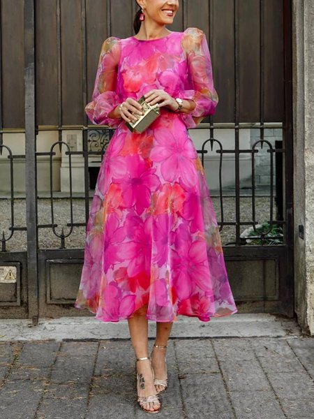 

Vacation Floral Elegant Crew Neck Midi Dress, Deep pink, Midi Dresses