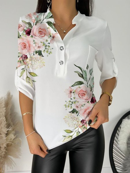 

woman floral elegance Cotton Elegant V Neck Blouse, White, Shirts & Blouses