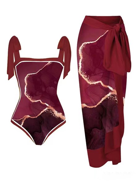 

Printing Square Neck Casual Abstract One Piece With Cover Up, Red, swimwear>>One-Pieces