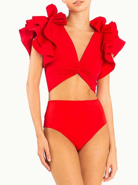 Plain V Neck Casual Bikini, Red, Bikini Sets