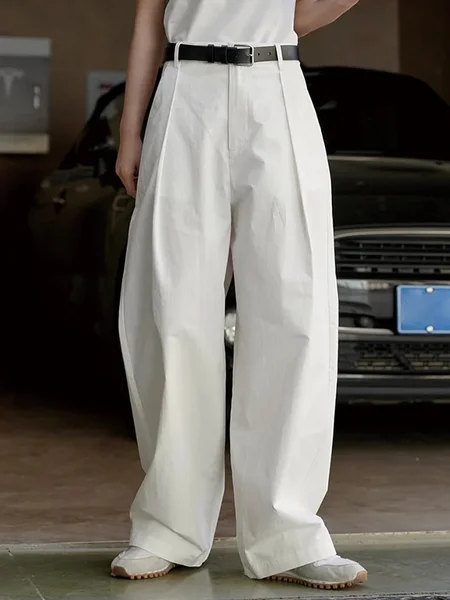 

Loose Cotton Plain Casual Pants, White, Pants
