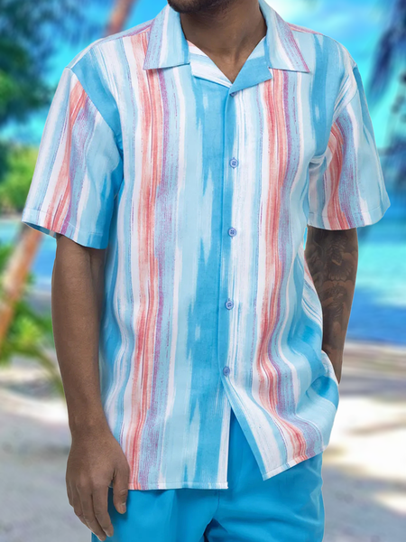 

Striped Short Sleeve Cheast Pocket Resort Shirt, Stripe, Men Shirts