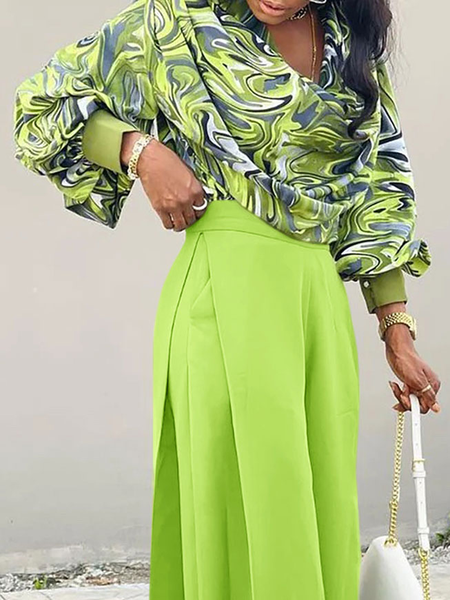 

High Elasticity Abstract Loose Long sleeve Urban Shirt, Green, Blouses and Shirts