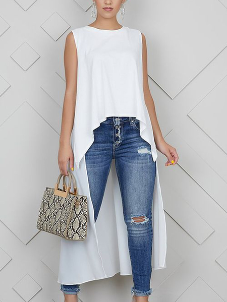 

Plus Size Plain Crew Neck Casual Loose Shirt, White, Plus Tops