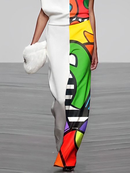 

Abstract Print Urban Loose Fashion Straight Pants, White, Pants