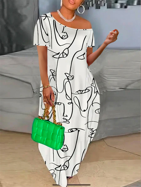 

Plus Size Casual Abstract Cold Shoulder Maxi Dress, Black-white, Knit Dress