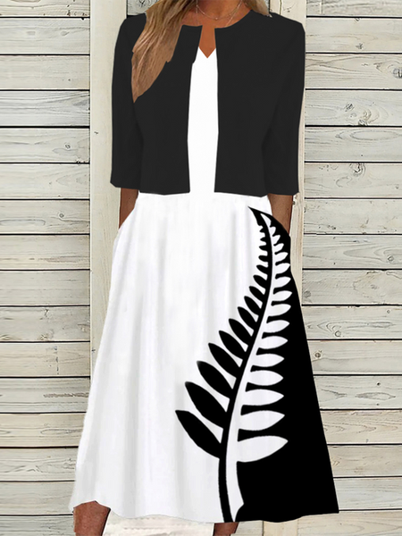 

Color Block Regular Fit Casual V Neck Two-Piece Set, Black-white, Suit Set