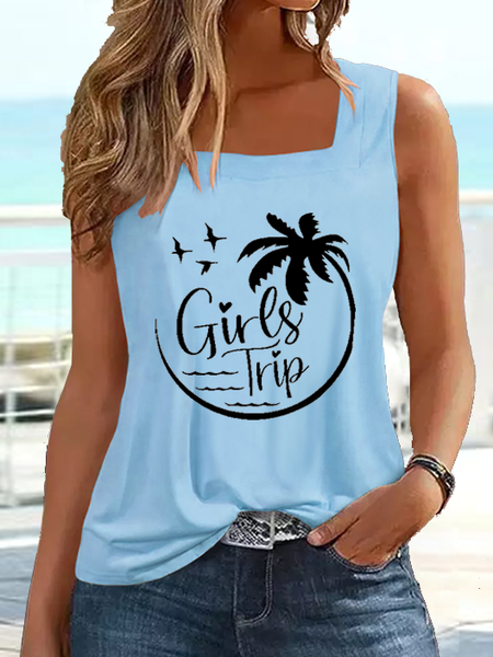 

Women's Cotton Square Neck Girl Trip Coconut Tree Tank Top, Light blue, Tank Tops