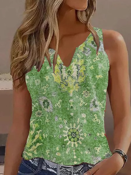 

Vacation Ethnic V Neck Loose Tank Top, Green, Tanks & Camis