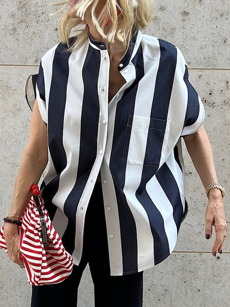 Loose Striped Urban Stand Collar Blouse, Stripe, Blouses and Shirts