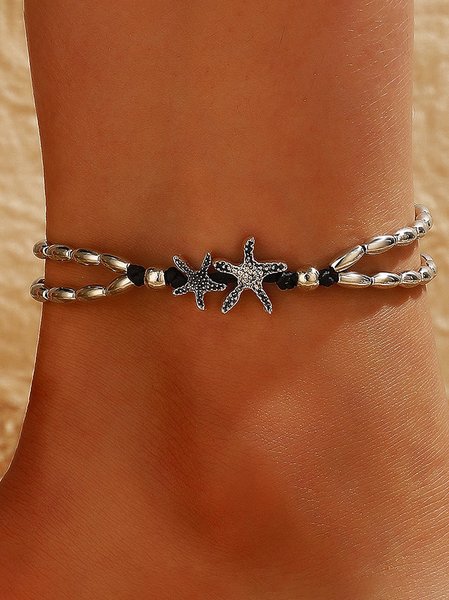 

Vacation Silver Metallic Starfish Pattern Braided Anklet Casual Ethnic Women's Jewelry, As picture, Anklets