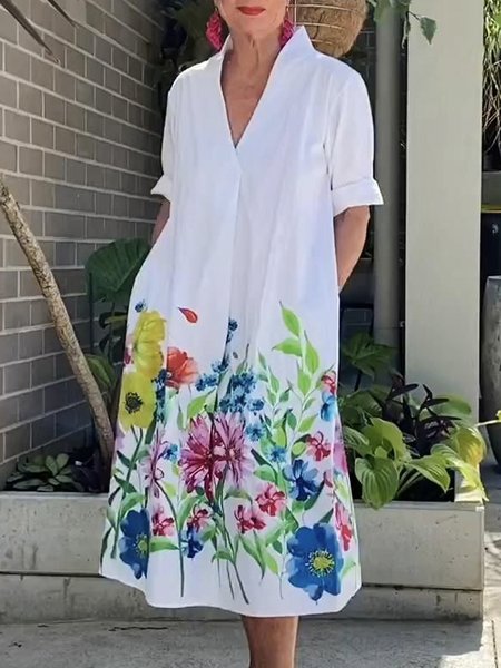 

Half sleeve V Neck Floral Loose Elegant Dress, White, Midi Dresses