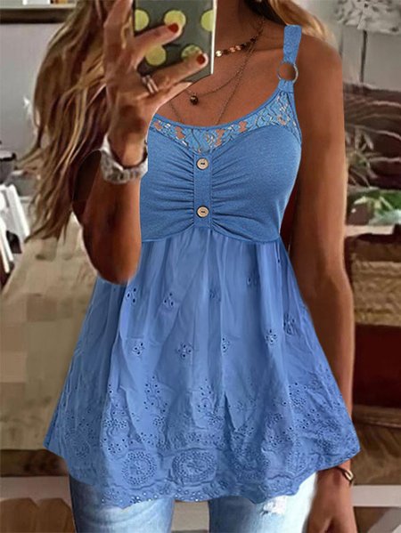 

Regular Fit Lace Plain Casual Tank Top, Blue, Tanks & Camis