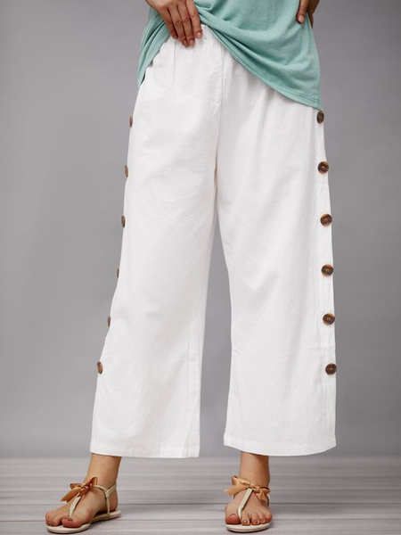

Linen Cotton Loose Plain Pants, White, Pants