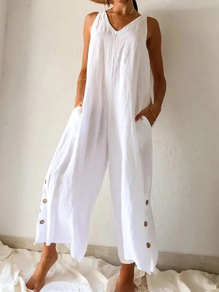 

V Neck Linen Loose Plain Jumpsuit, White, Jumpsuits＆Rompers