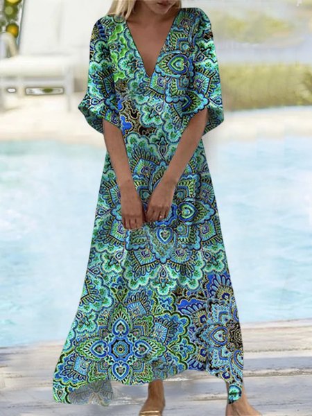 

Vacation Ethnic Loose V Neck Dress, Green, Dresses